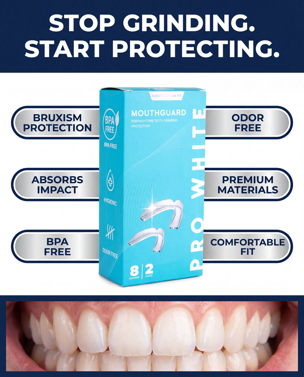 Pro White Grind Defense Night Guard — advertorial infographic