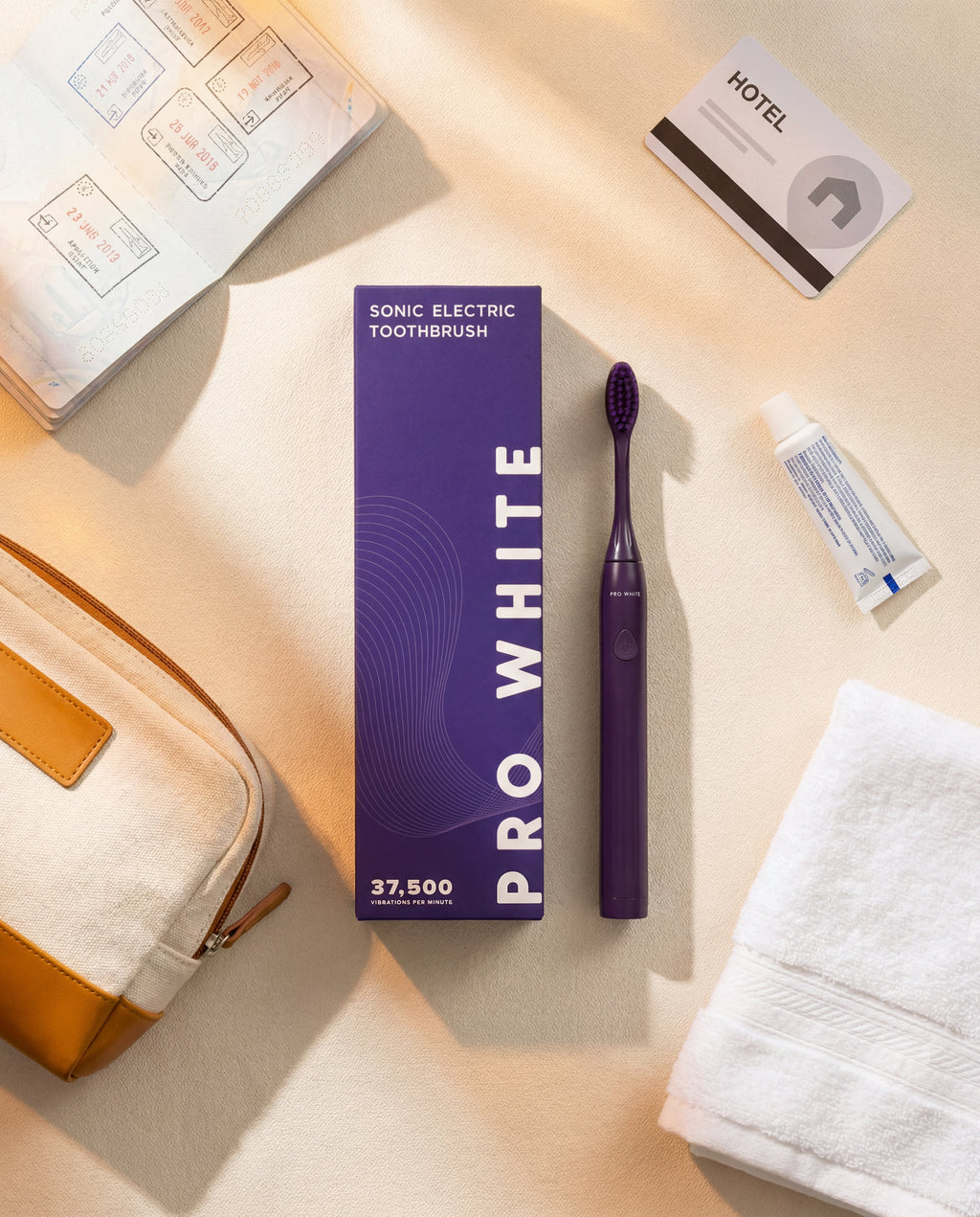Pro White Battery Supply Electric Toothbrush — lifestyle flat lay
