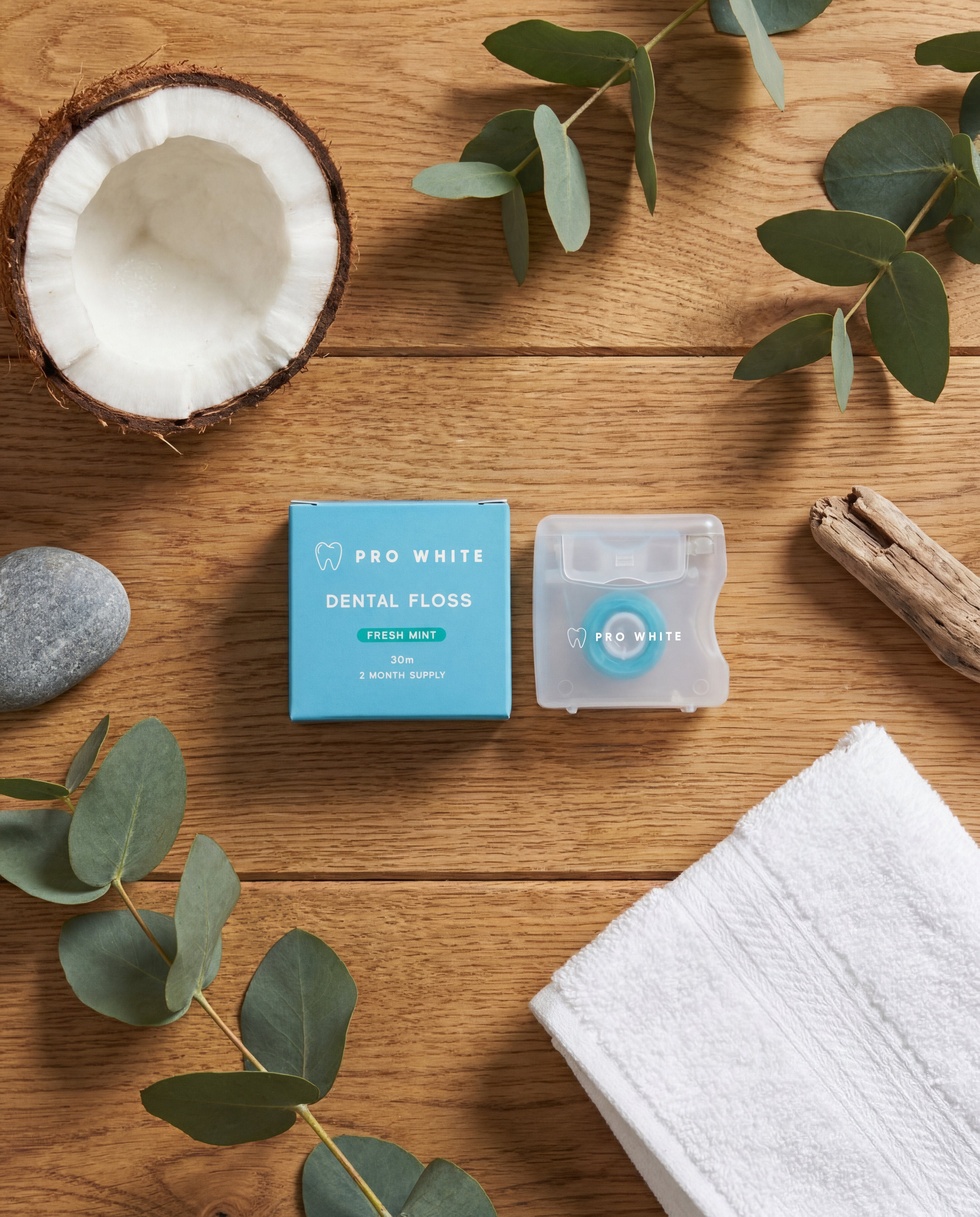 Pro White Eco Dental Floss — lifestyle flat lay