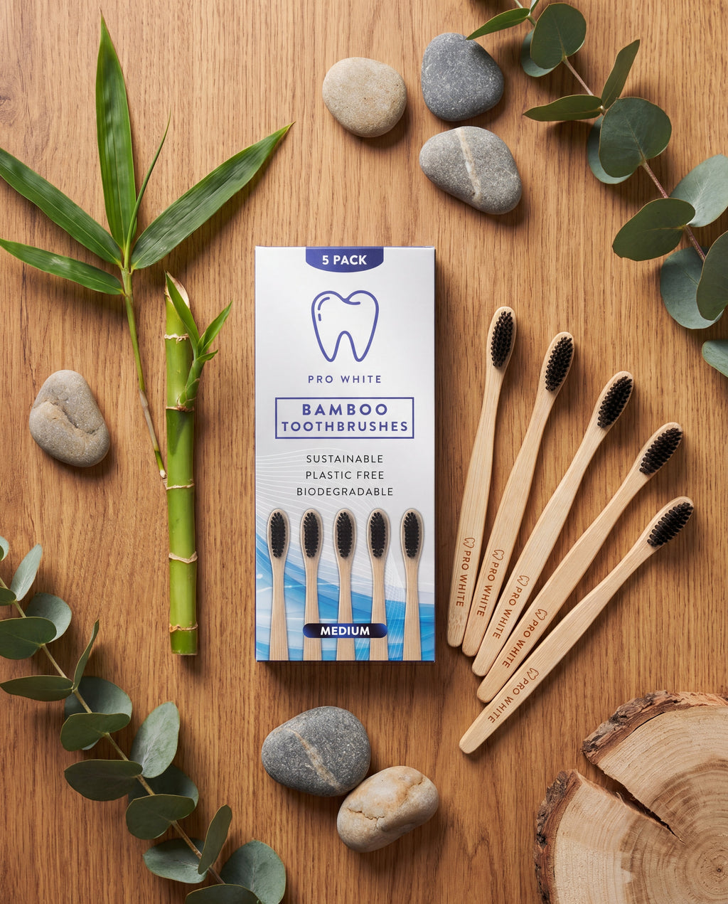 Pro White Multipack Bamboo Toothbrushes — lifestyle flat lay