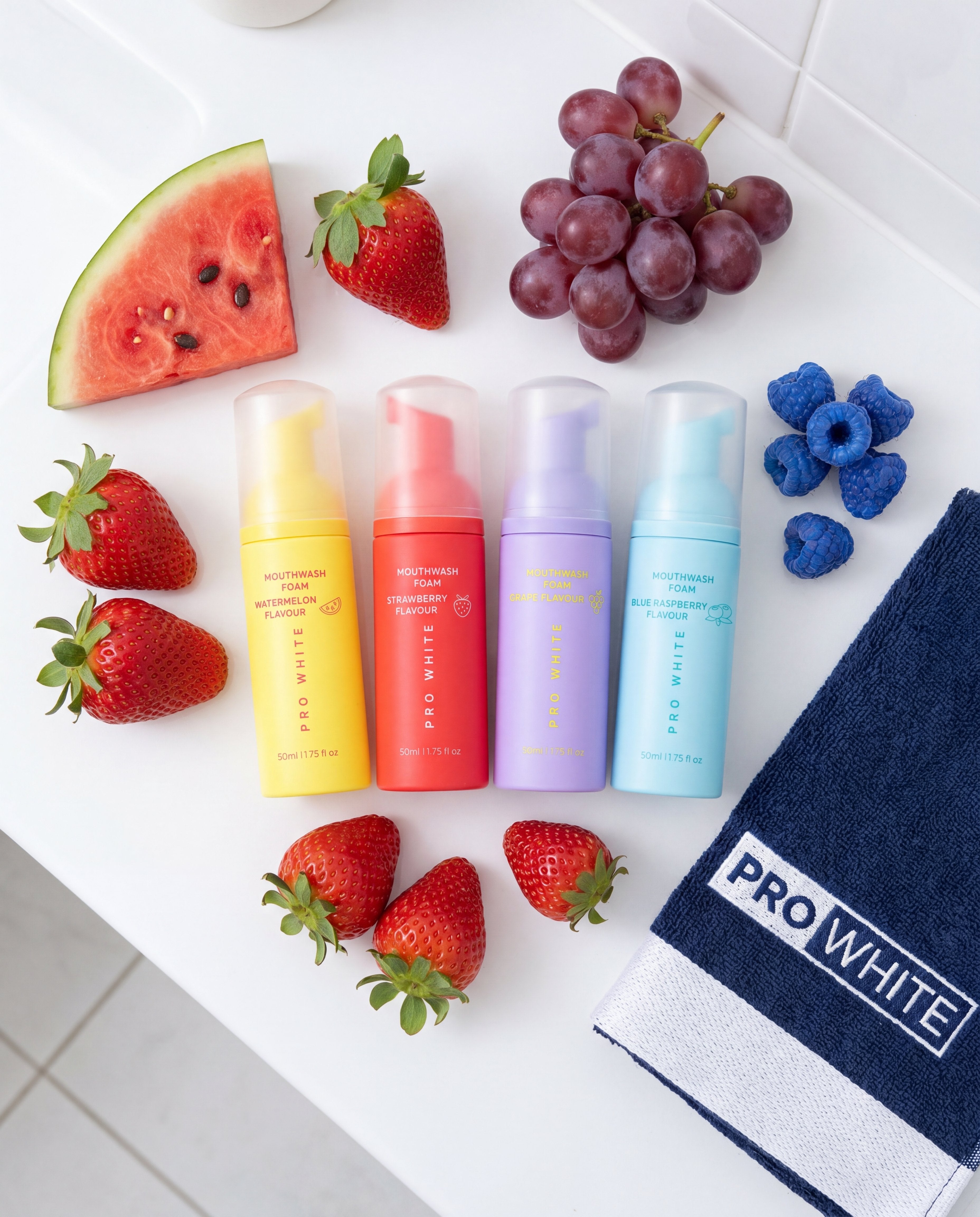Pro White Flavoured Mouthwash Foam — lifestyle flat lay