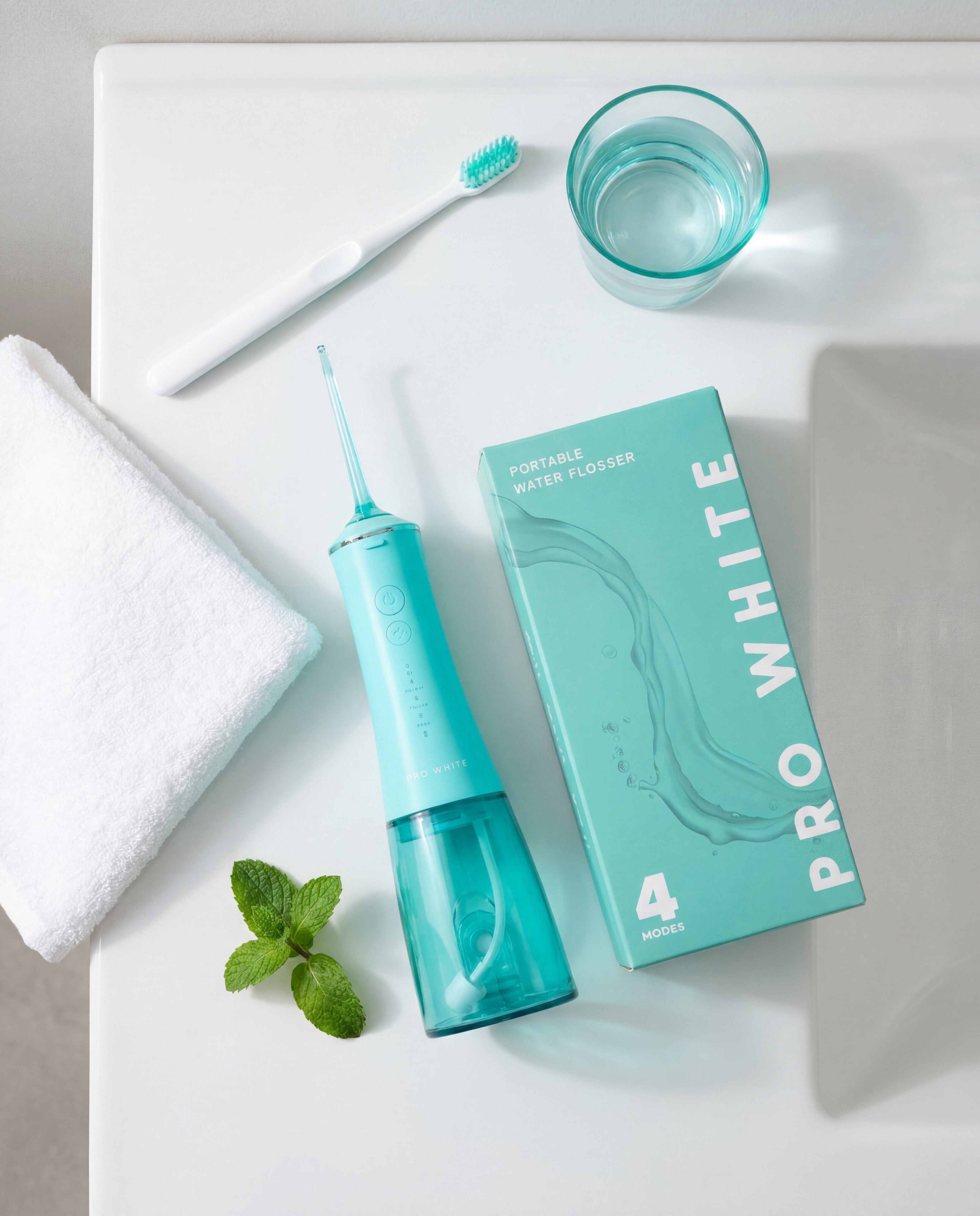 Pro White Portable Water Flosser — lifestyle flat lay
