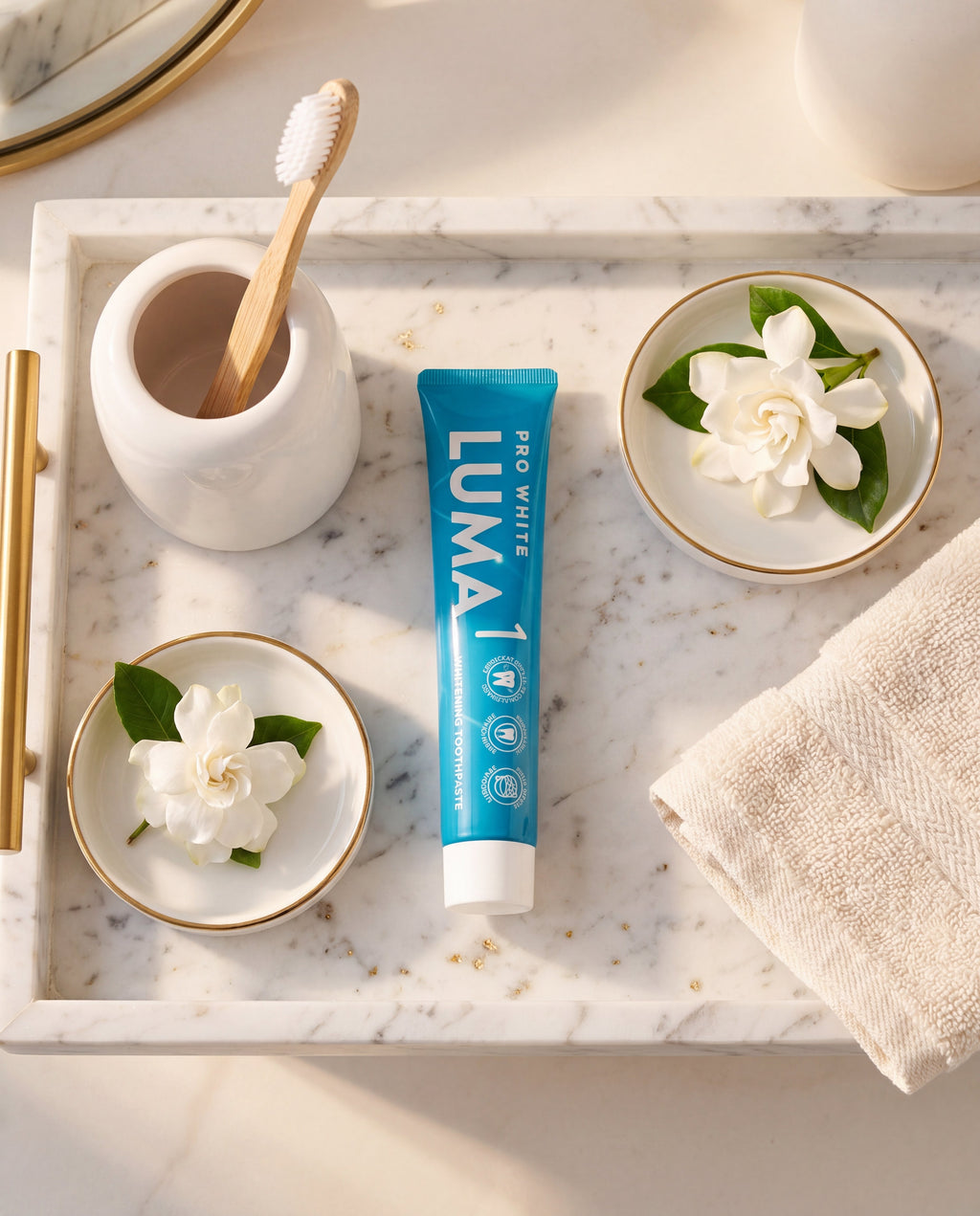 Pro White Luma1 Whitening Toothpaste — lifestyle flat lay
