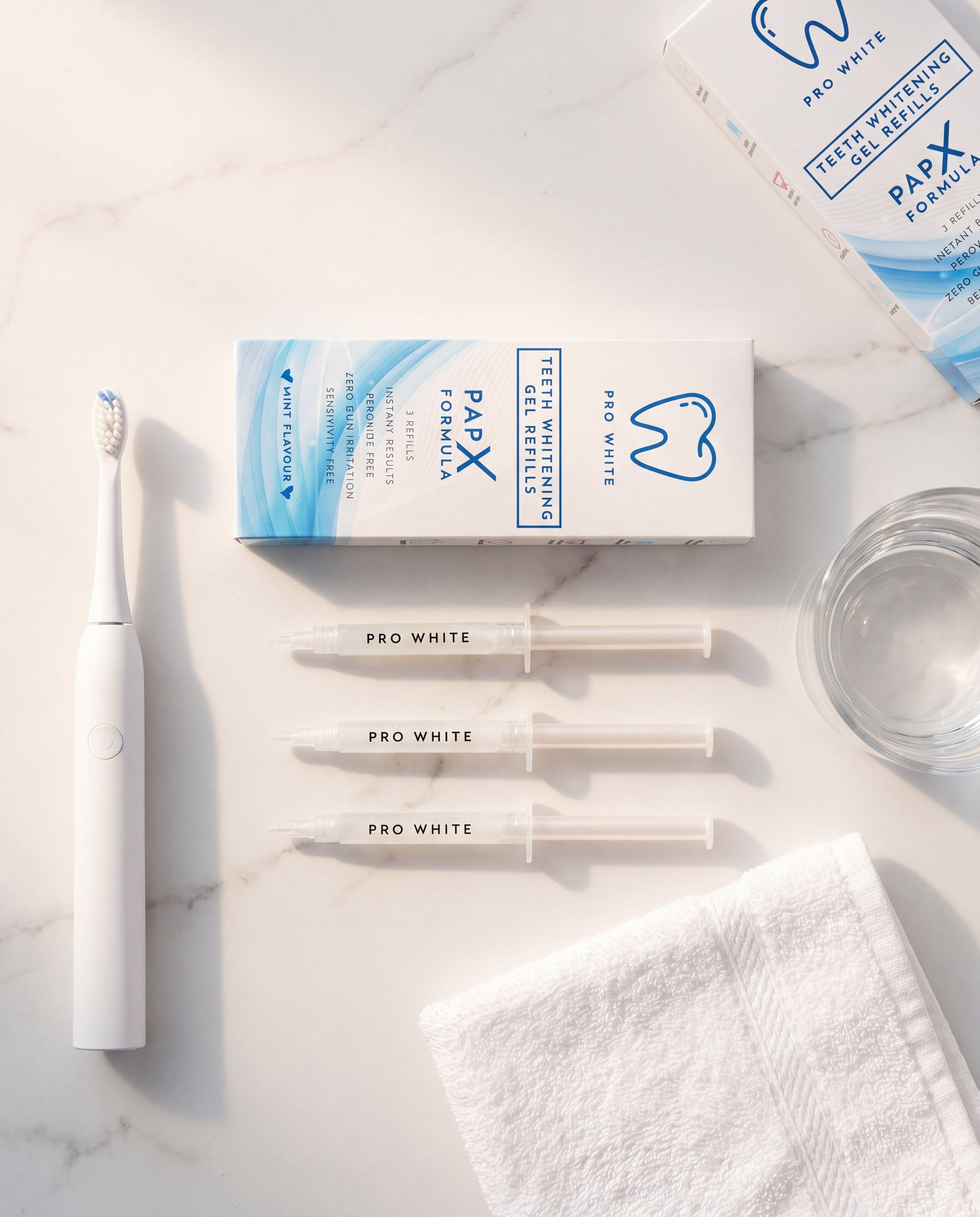 Pro White PAP-X Teeth Whitening Refills — lifestyle flat lay