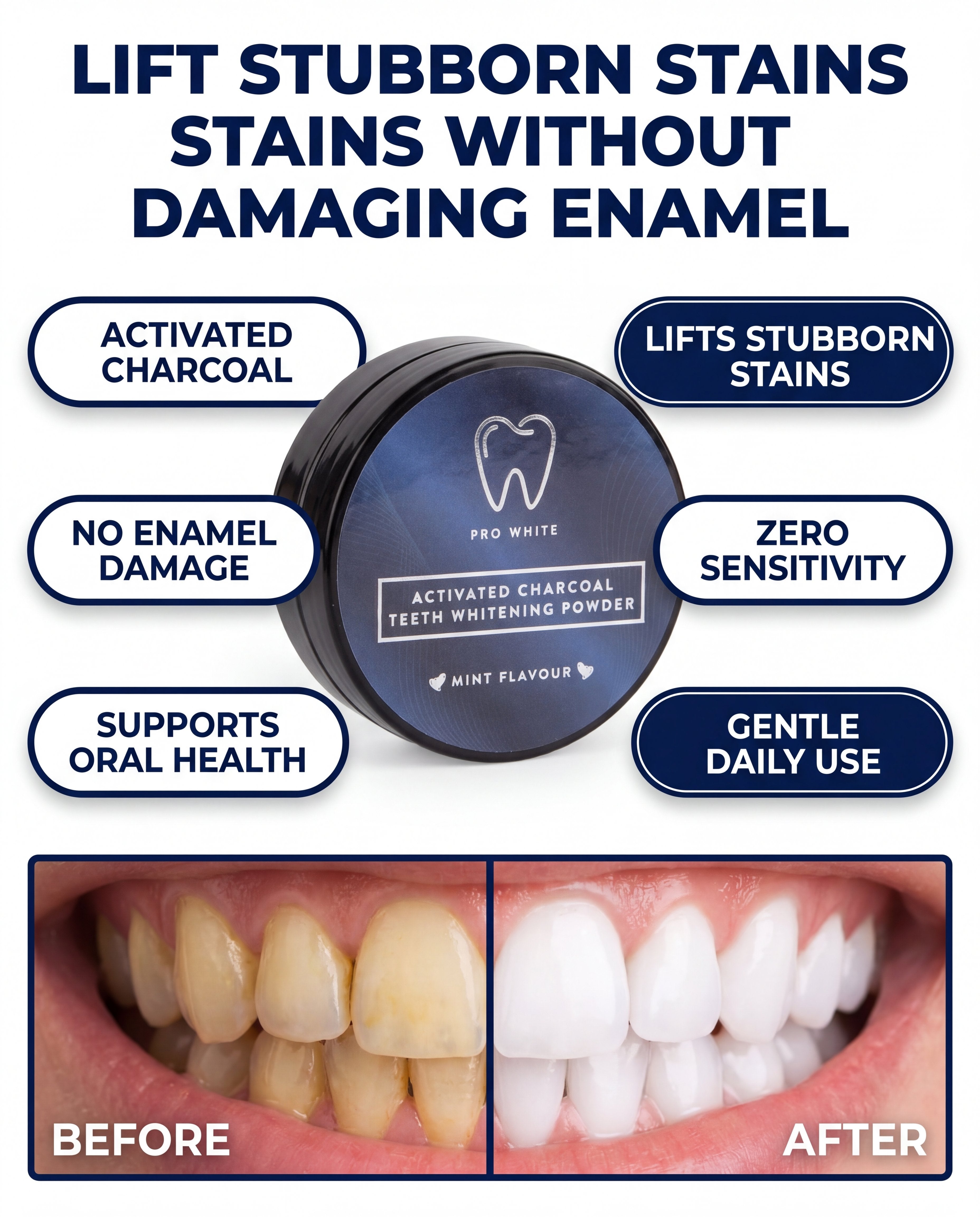 Pro White Activated Charcoal Teeth Whitening Powder — advertorial infographic