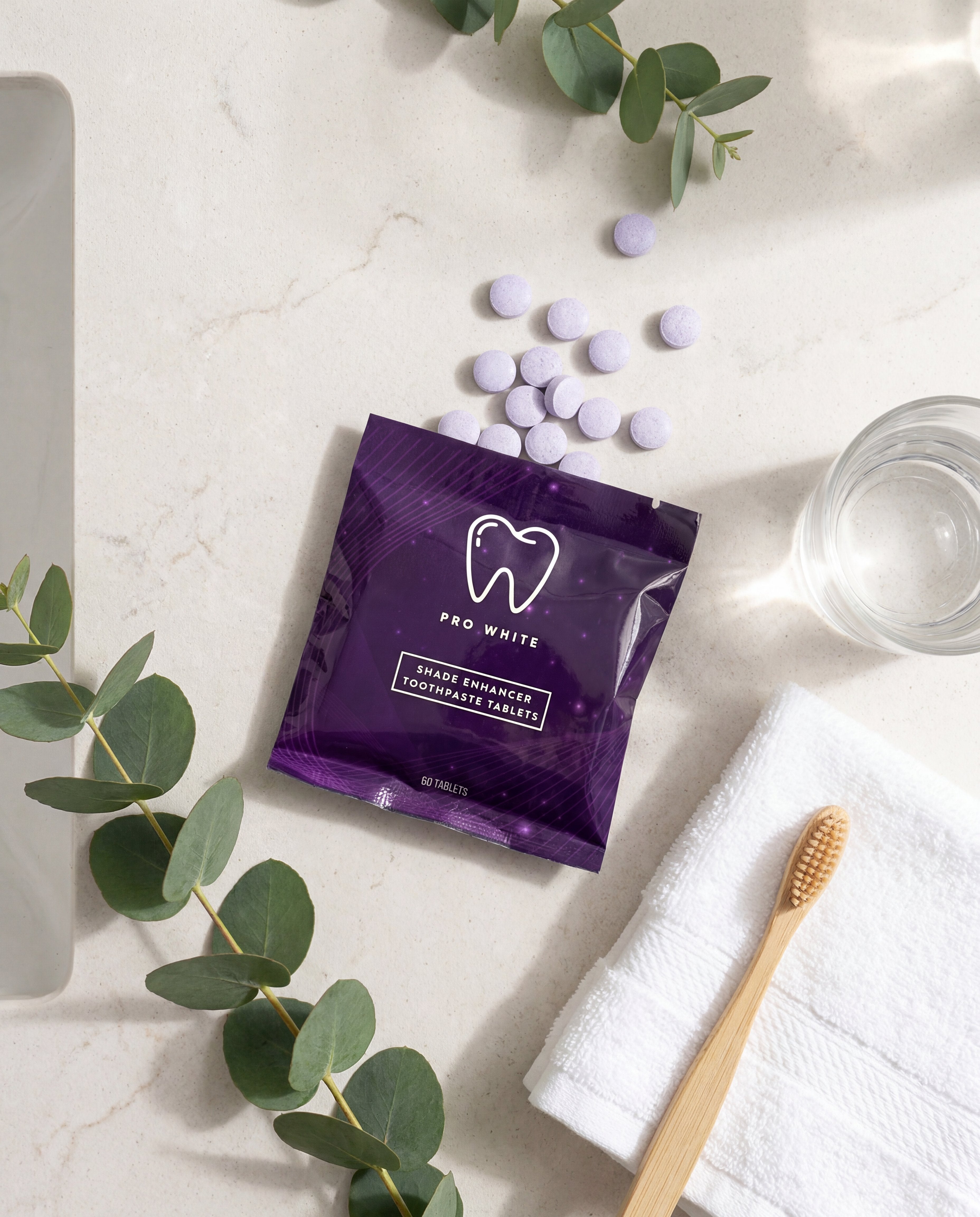 Pro White p80 Shade Enhancer Toothpaste Tabs — lifestyle flat lay