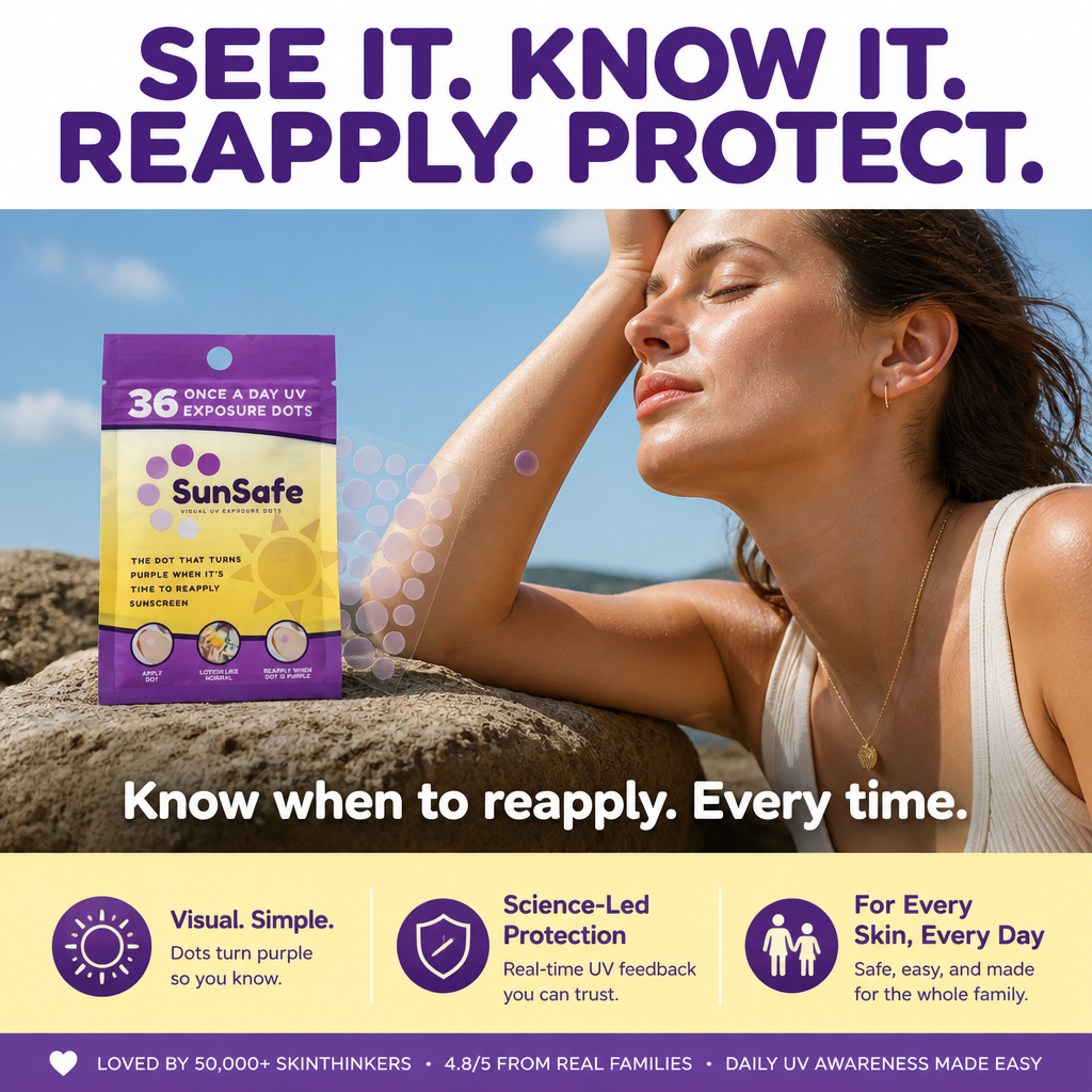 SunSafe UV Dots — editorial lifestyle, woman outdoors with UV dot on forearm