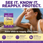 SunSafe UV Dots — editorial lifestyle, woman outdoors with UV dot on forearm