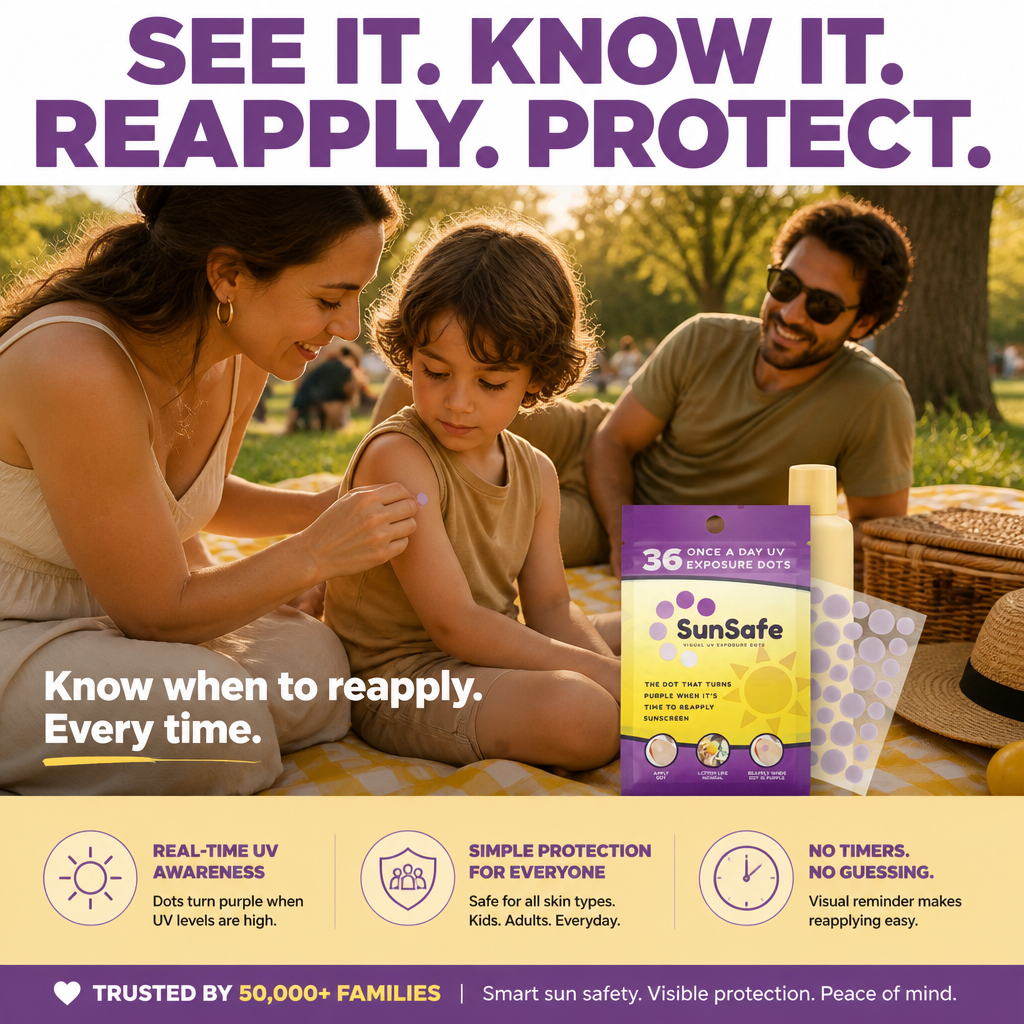 SunSafe UV Dots — family in park applying UV indicator dot, summer lifestyle